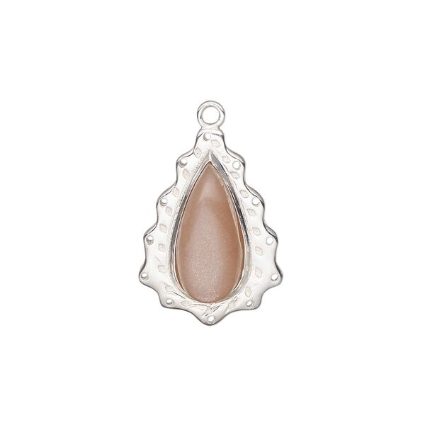 Drop, sterling silver and peach moonstone (natural), pkg/1, 21x15mm single-sided teardrop, 12 loops. image number 0