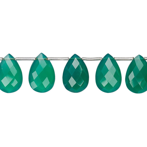 Bead, green onyx (dyed), 12x8mm hand-cut top-drilled faceted puffed teardrop, B grade, Mohs hardness 6-1/2 to 7. Sold per pkg of 11 beads. image number 0