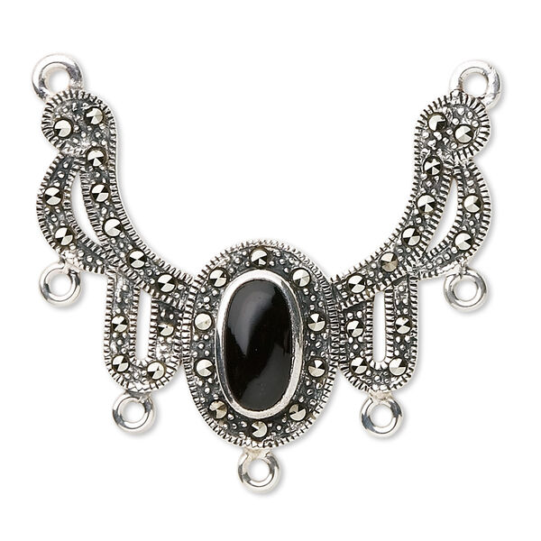 Focal, sterling silver and marcasite with black onyx (dyed), 36x30mm fancy design with 7 loops. Sold individually. image number 0