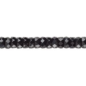 Bead, Czech fire-polished glass, jet black, 6x3mm faceted rondelle. Sold per 15-1/2" to 16" strand.