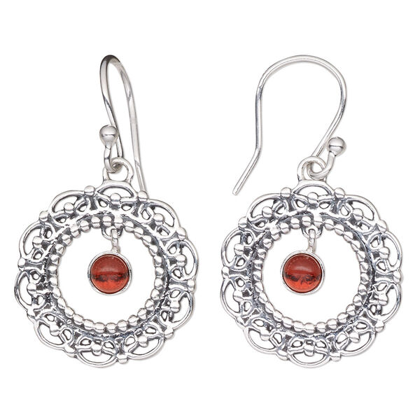 Earring, Create Compliments®, garnet (natural) and antiqued sterling silver, 33mm fancy round with cutout design and fishhook ear wire, 20 gauge. Sold per pair. image number 0