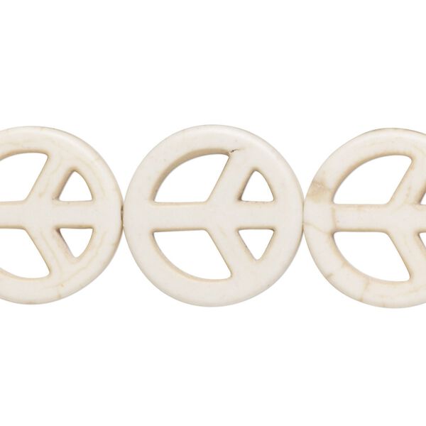 Bead, "howlite" (resin) (imitation), white, 20mm peace sign. Sold per 15-inch strand. image number 0