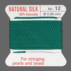 Thread, Griffin, silk, green, size #12. Sold per 2-meter card (approximately 78 inches).