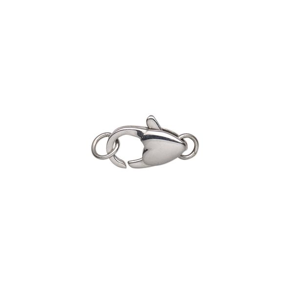 Clasp, lobster claw, stainless steel, 13x7mm with heart design with 2 jumprings. Sold individually. image number 0