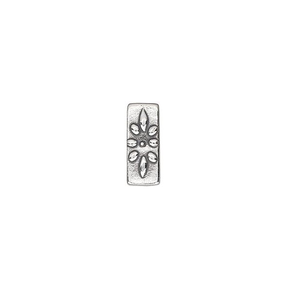 Spacer bar, sterling silver, 12x5mm 2-strand single-sided rectangle with raised flower design, 4.5mm between holes. Sold individually. image number 0