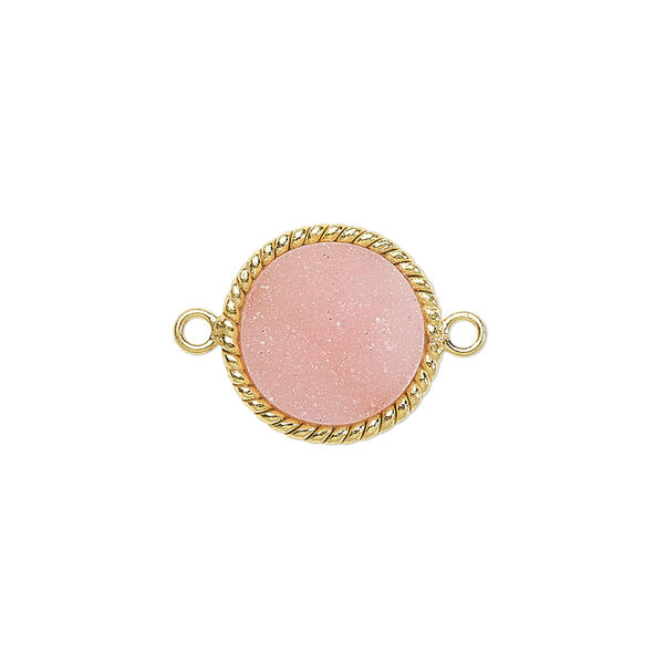Link, druzy agate (dyed) and gold-plated sterling silver, pink, 14-16mm hand-cut single-sided flat round with twisted wire design. Sold individually. image number 0