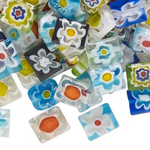 Bead mix, millefiori glass, translucent and transparent multicolored, 9x7mm-11x8mm puffed rectangle. Sold per 2-ounce pkg, approximately 100 beads.