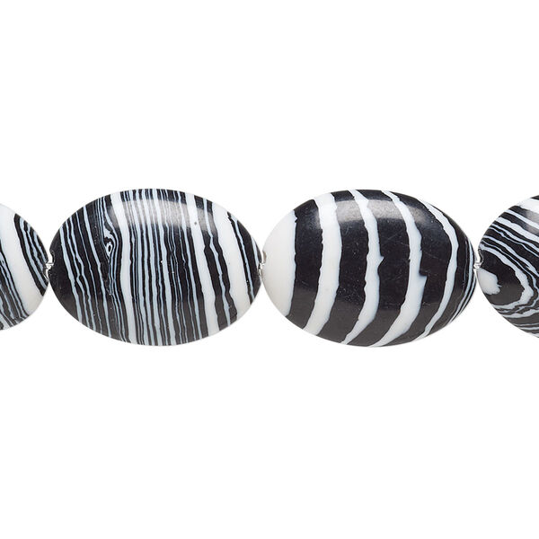 Bead, resin, black and white, 18x13mm flat oval. Sold per 15" to 16" strand. image number 0