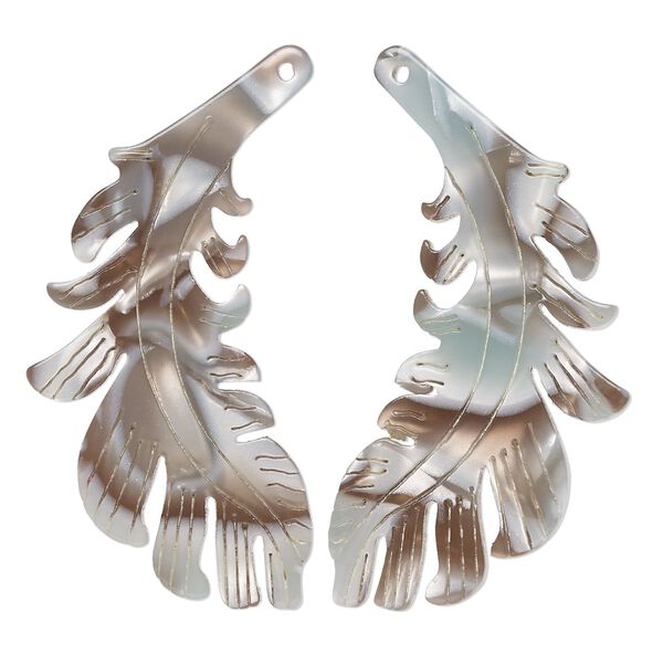 Focal, resin, grey and brown, 46x25mm single-sided left and right-facing carved feather. Sold per pair. image number 0