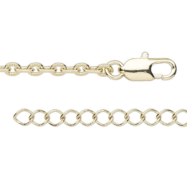 Chain, gold-finished brass, 3mm textured cable, 8 inches with 1 to 3 inches extender chain and lobster claw clasp. Sold per pkg of 2. image number 0