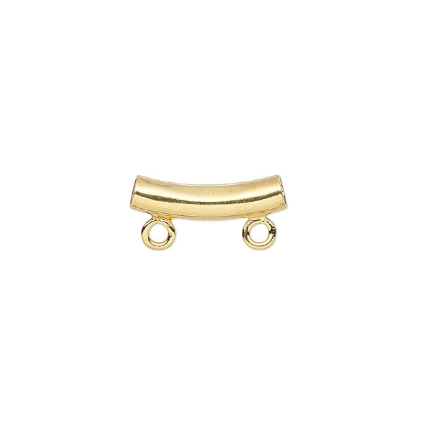 Bead, gold-plated brass, 14x4mm curved tube with 2 loops. Sold per pkg of 10. image number 0