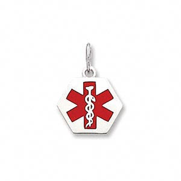Charm, medical alert ID, 14KtW white gold and enamel, red, 15x15mm hexagon. Sold individually. image number 0