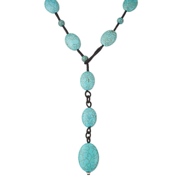 Necklace, blue magnesite (dyed / stabilized) on knotted black nylon cord, flat ovals, Mohs hardness 3-1/2 to 4, 30-inch lariat. Sold individually. image number 0