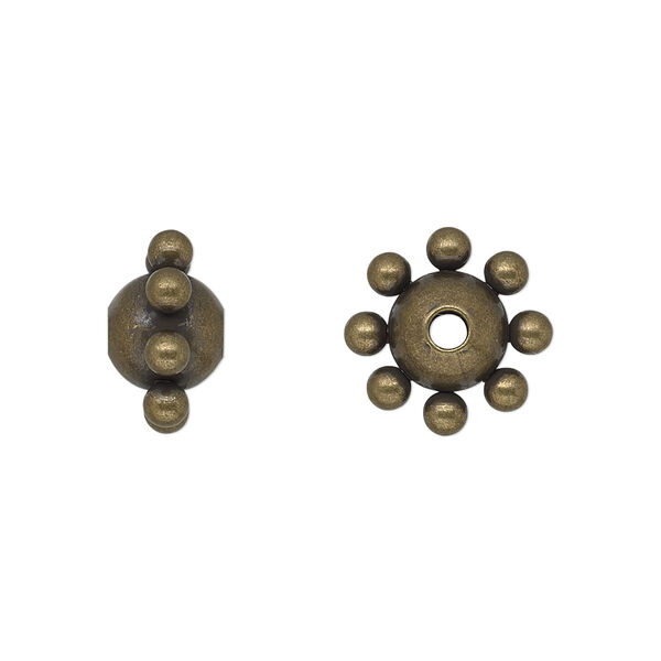 Bead, antiqued gold-plated steel, 13x8mm studded round. Sold per pkg of 10. image number 0