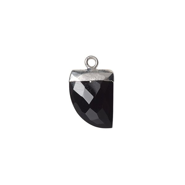 Drop, black onyx (dyed) and silver-plated copper, 14x10mm-15x12mm hand-cut faceted flat tooth. Sold individually. image number 0