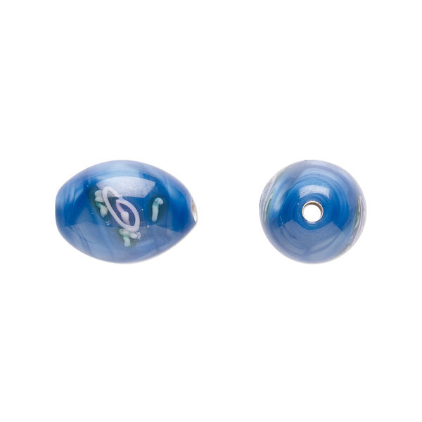 Bead, Czech lampworked glass, opaque blue / pink / green, 12x8mm-13x9mm olive with flower design. Sold per pkg of 4. image number 0