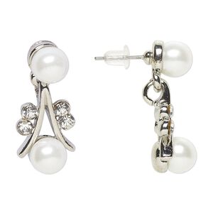 Earring, Everyday Jewelry, antique silver-finished "pewter" (zinc-based alloy) / glass / acrylic pearl, clear and white, 27mm with post. Sold per pair.