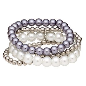 Bracelet, 4-strand stretch, acrylic pearl and acrylic, white / blue-grey / pewter, 29mm wide, 6-1/2 inches. Sold individually.