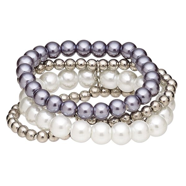Bracelet, 4-strand stretch, acrylic pearl and acrylic, white / blue-grey / pewter, 29mm wide, 6-1/2 inches. Sold individually. image number 0