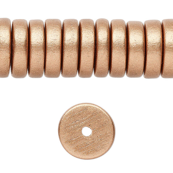 Bead, painted Taiwanese cheesewood (coated), metallic copper, 15x4mm hand-cut rondelle. Sold per 8-inch strand, approximately 45 beads. image number 0