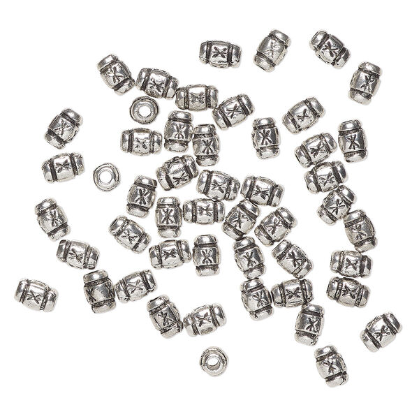 Bead, "pewter" (zinc-based alloy), pkg/50, 8x5mm textured barrel, antique silver finish. image number 0
