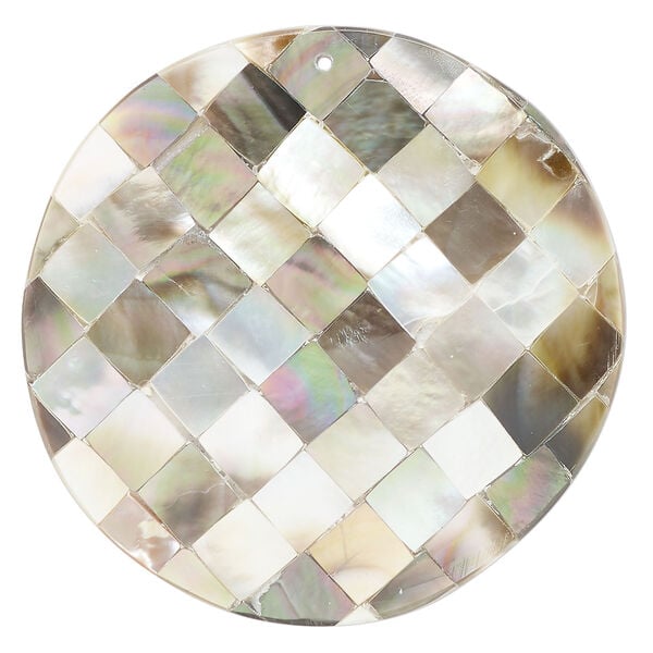 Focal, black lip shell and resin (assembled) 1pkg1, 49-50mm top-drilled 1sided domed round with checkerboard pattern. image number 0