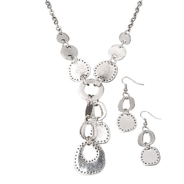 Necklace and earring set, glass rhinestone / epoxy / antique silver-plated "pewter" (zinc-based alloy), clear and black, 3-1/4 inch dangle, 16-inches with 2-inch extender chain and lobster claw clasp, 58x18mm earrings with fishhook ear wire. Sold per set. image number 0