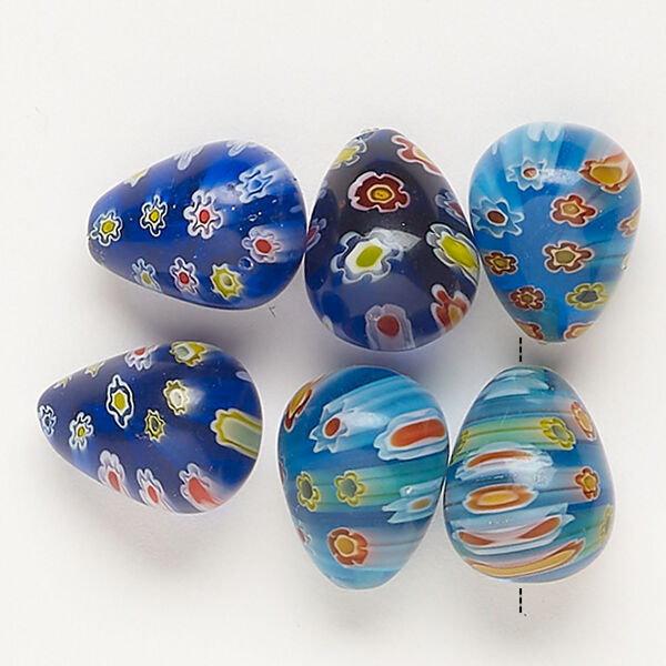 Bead, millefiori glass, translucent blue and multicolored, 14x11mm-15x12mm teardrop. Sold per pkg of 6. image number 1