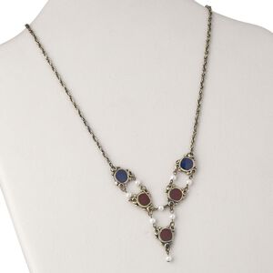 Necklace, acrylic / enamel / antiqued gold-plated brass, dark red / dark blue / white, 18-19 inches with toggle clasp. Sold individually.