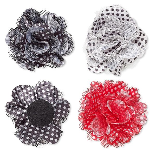 Embellishment, polyester chiffon and felt, black / red / white, 2-inch flower with polka dots. Sold per pkg of 12. image number 0