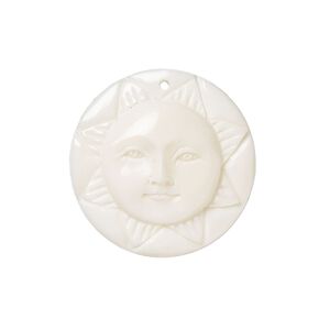 Drop, bone (bleached), 25mm hand-cut single-sided carved sun face. Sold individually.