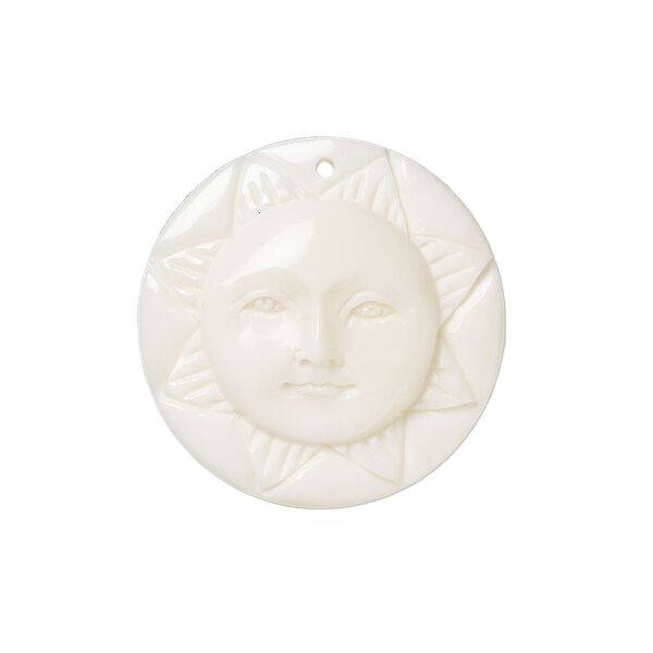 Drop, bone (bleached), 25mm hand-cut single-sided carved sun face. Sold individually. image number 0