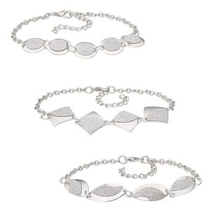 Bracelet, glitter paper / imitation rhodium-coated plastic / imitation rhodium-plated steel, silver, 15mm round / 21mm diamond / 26x12mm twisted marquise, 8 inches with 1-3/4 inch extender chain and lobster claw clasp. Sold per pkg of 3.