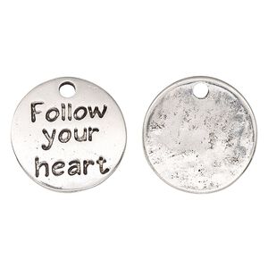 Drop, antique silver-finished "pewter" (zinc-based alloy), 19mm single-sided flat round with "Follow your heart." Sold per pkg of 2.