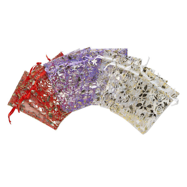 Gift pouch mix, organza, assorted colors, 4-1/2 x 3-1/4 inches with gold rose pattern and drawstring closure. Sold per pkg of 12. image number 0