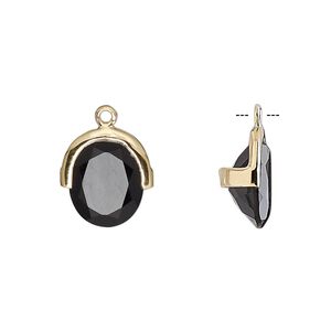 Drop, black onyx (dyed) and gold-finished sterling silver, 13x12.5mm single-sided faceted oval. Sold individually.