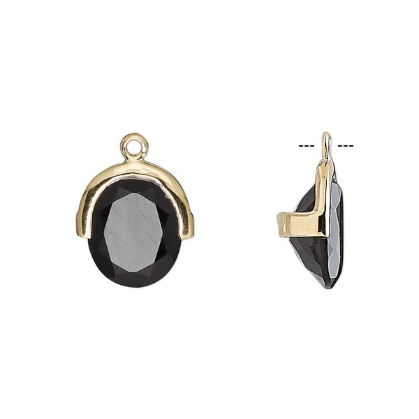 Drop, black onyx (dyed) and gold-finished sterling silver, 13x12.5mm single-sided faceted oval. Sold individually. image number 0