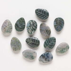 Moss agate 1pkg12, carved leaf bead natural, 18x13mm