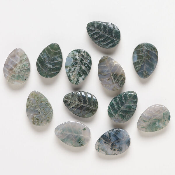 Moss agate 1pkg12, carved leaf bead natural, 18x13mm image number 0
