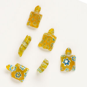 Bead, millefiori glass, translucent orange / aqua blue / white, 19x11mm-24x15mm half-drilled turtle. Sold per pkg of 6.
