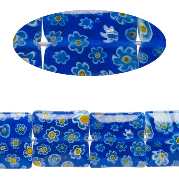 Bead, millefiori glass, translucent blue / white / yellow, 13mm-15x14mm puffed square with flower design. Sold per 14-inch strand. image number 0