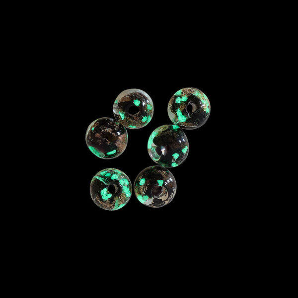 Bead, lampworked glass, clear / black / glow-in-the-dark / gold, 6mm round. Sold per pkg of 6. image number 1