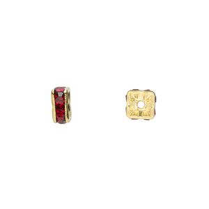 Bead, glass rhinestone and gold-finished brass, garnet red, 6x3mm squaredelle. Sold per pkg of 10.