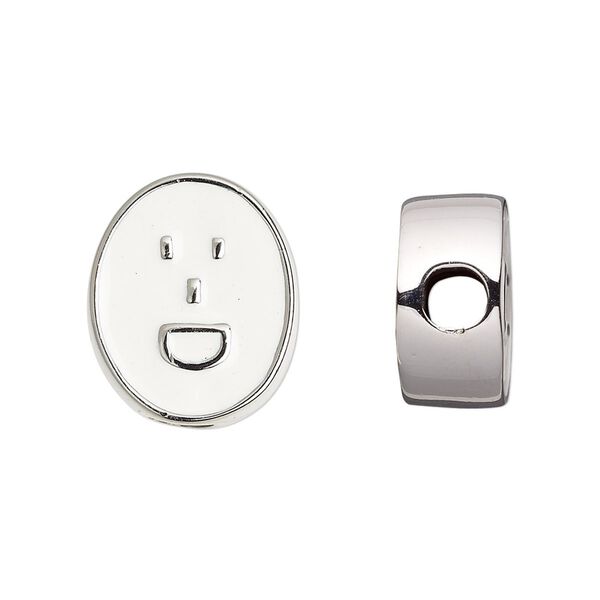 Bead, Dione&reg;, silver-finished "pewter" (zinc-based alloy) and enamel, white, 18x16mm double-sided flat oval with laughing emoticon face, 4mm hole. Sold individually. image number 0