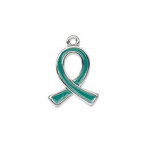 Charm, silver-plated "pewter" (zinc-based alloy) and enamel, green, 18x15mm single-sided awareness ribbon. Sold individually.