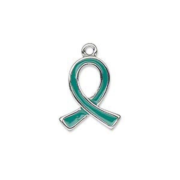 Charm, silver-plated "pewter" (zinc-based alloy) and enamel, green, 18x15mm single-sided awareness ribbon. Sold individually. image number 0