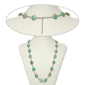 Necklace, magnesite (dyed / stabilized) with silver-plated steel and brass, blue-green, 16mm flat round, 26 inches with 2-inch extender chain and lobster claw clasp. Sold individually.