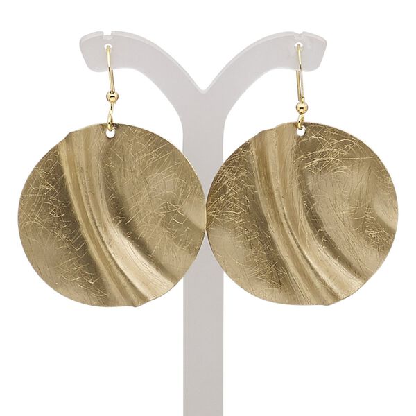 Earring, gold-finished brass and steel, 2 inches with scratched wavy round and fishhook ear wire. Sold per pair. image number 0