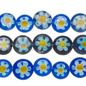 Bead mix, millefiori glass, multicolored, 9-10mm puffed flat round with flower design. Sold per pkg of (3) 14-inch strands.