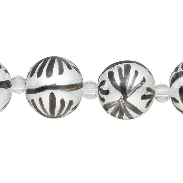 Bead, glass 1pkg8, opaque white and black, 14mm hand-painted round. image number 0